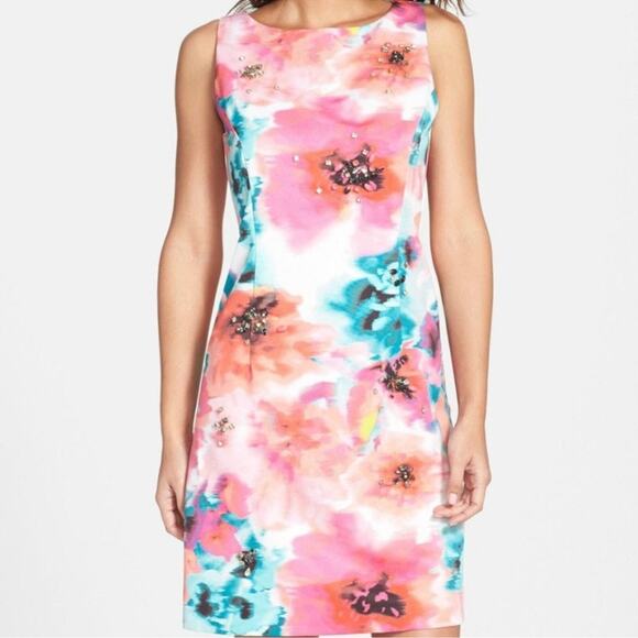 Eliza J Floral Watercolor Jewels Sheath Dress Size 8 or Medium - Picture 3 of 16